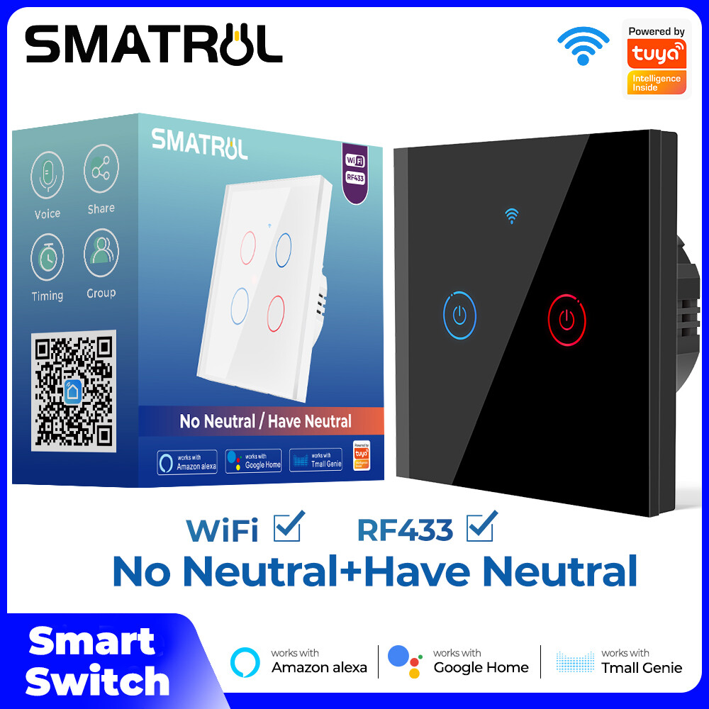 SMATRUL WiFi & RF 433MHz Công Tắc Đèn Tường Không Cần Dây Trung Tính 1/2/3/4 Gang Glass 220V Tuya/Smart Life APP Thời Gian Google
