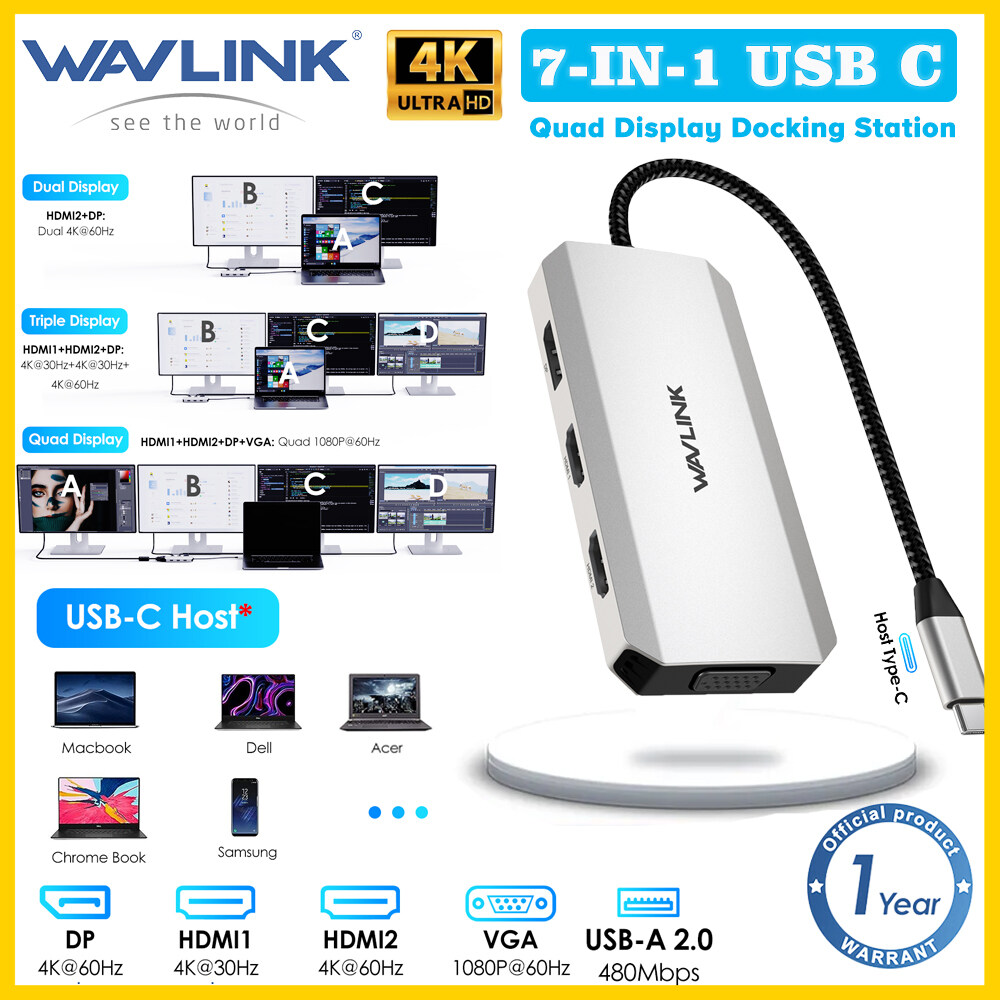 Wavlink 7-in-1 USB C Quad-Monitor ổ cắm máy tính xách tay với kép 4K HDMI 4K dp VGA USB2.0 đa đầu ch