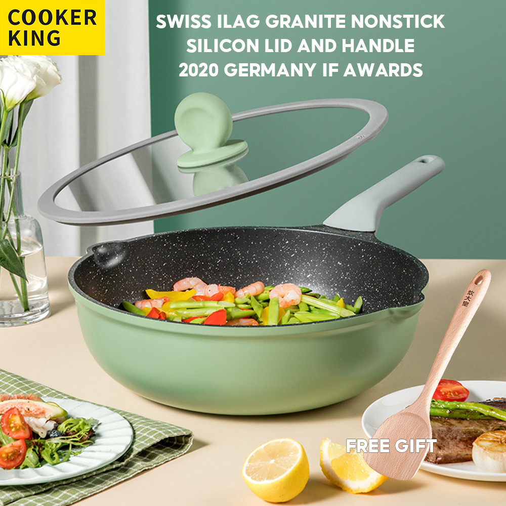 Gambar READY STOCK_COOKER KING?Healthy Granite Nonstick?Nonstick Wok Maifan Stone Wok Granite Stone Wok Marble Wok Stir Wok Stir Fry Pan Stone Cookware With Lid Suitable For All Stoves Gas,Induction,Electric Stove, 30cm 32cm