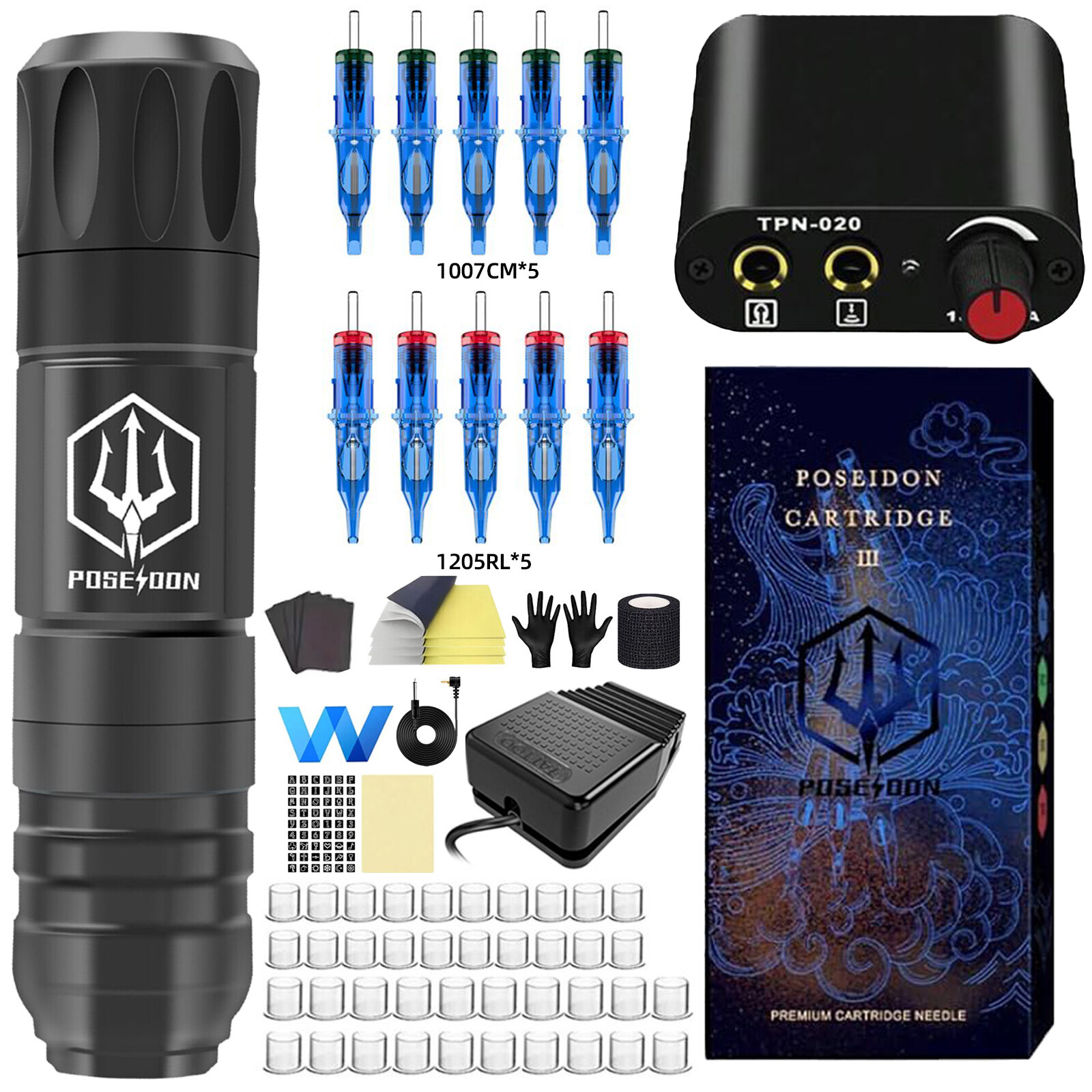  Poseidon Bộ dụng cụ xăm bút Tattoo Kit Với 10Pcs kim xăm Cartridge Và Cung Cấp Điện Cho Nghệ Sĩ Xăm Hình bộ dụng cụ xăm hình Với bàn đạp chân Và bút Tattoo Cho Hình Xăm Mới Bắt Đầu phụ kiện xăm hình 