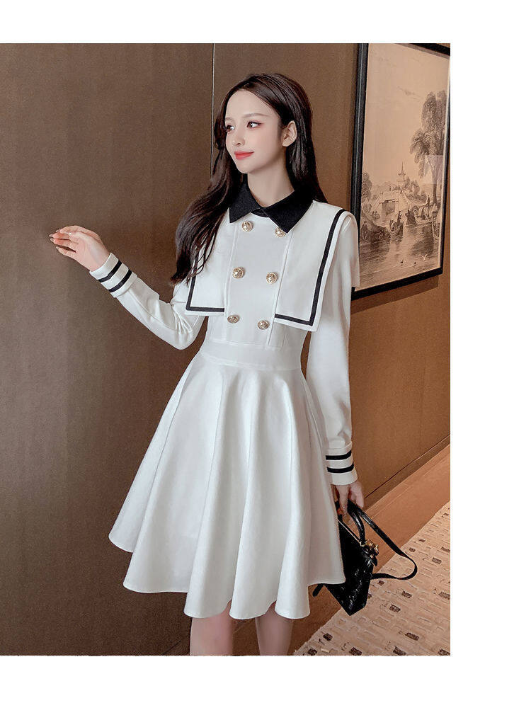 Navy style dress for women 2021 Spring and Autumn new small waist-tight temperament contrast color college style long sleeve A- line dress