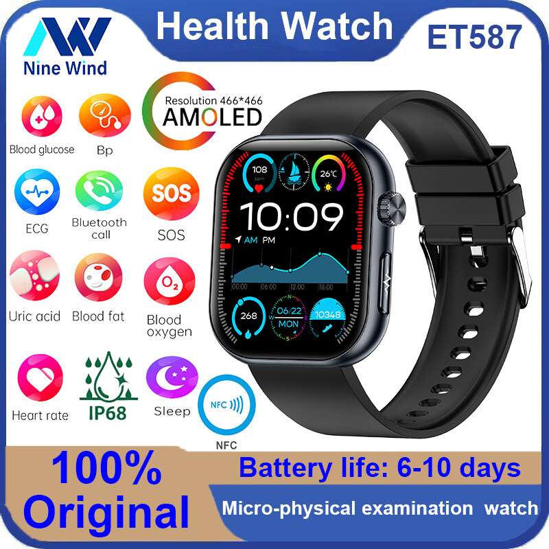 Ninewind et587 Đồng hồ thông minh mới với ECG, đường huyết, axit uric, lượng mỡ trong cơ thể, oxy máu thật, kiểm tra vi mô, NFC, Bluetooth, SOS, đếm bước, tập thể dục và đồng hồ sức khỏe cho phụ nữ