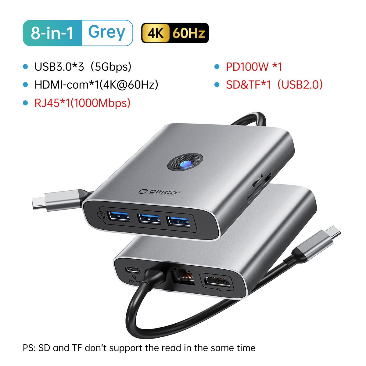 USB C HUB 4K 60Hz ORICO USB-C Bộ chuyển đổi đa cổng 6 trong 1 với 4K HDMI 100W giao hàng điện 3 USB 