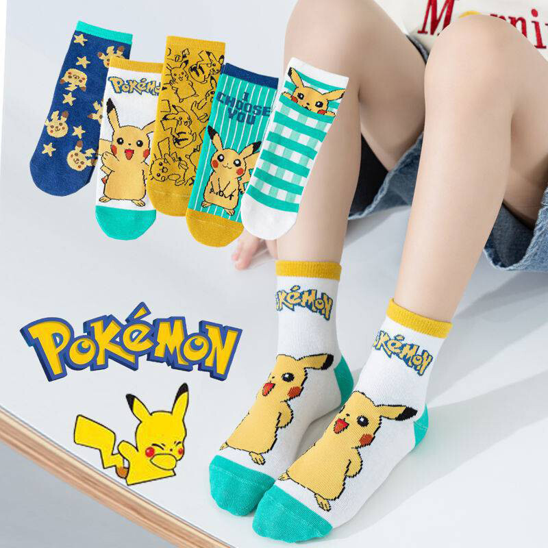 5 vớ trẻ em pikachu dễ thương pokémon mới cái/bộ vớ vải cotton hoạt hình dễ thương dệt hoa pikachu thoáng khí tất hài cho bé gái tất thường ngày