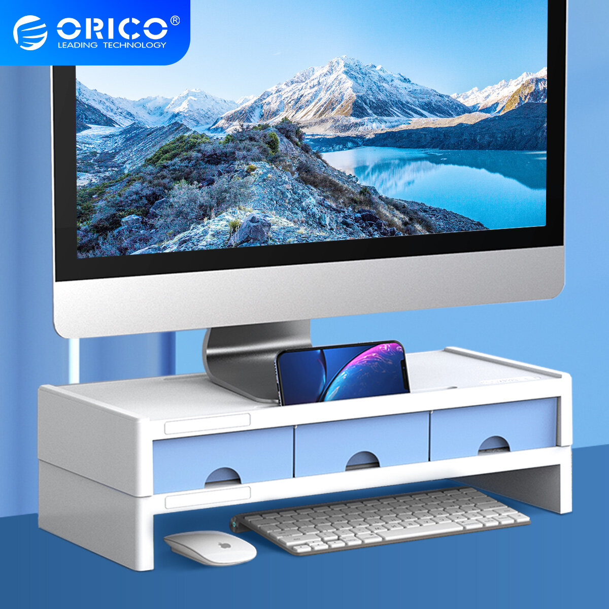 Orico giá đỡ màn hình giá đỡ máy tính để bàn giá đỡ máy tính xách tay với 3 ngăn kéo hộp đựng đồ sắp xếp cho gia đình văn phòng máy tính xách tay máy tính