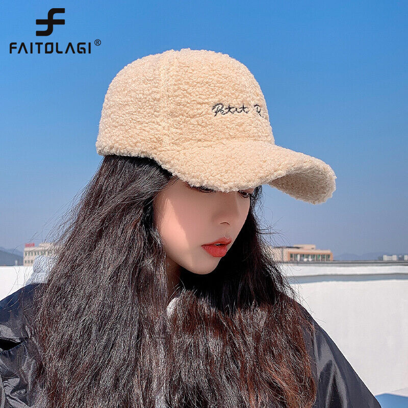 Mũ Lông Cừu Cho Nữ Mũ Bóng Chày Dày Ấm Mùa Đông Mũ Lưỡi Trai Che Nắng Vải Nhung Lông Thêu Chữ Cái Cho Bé Gái