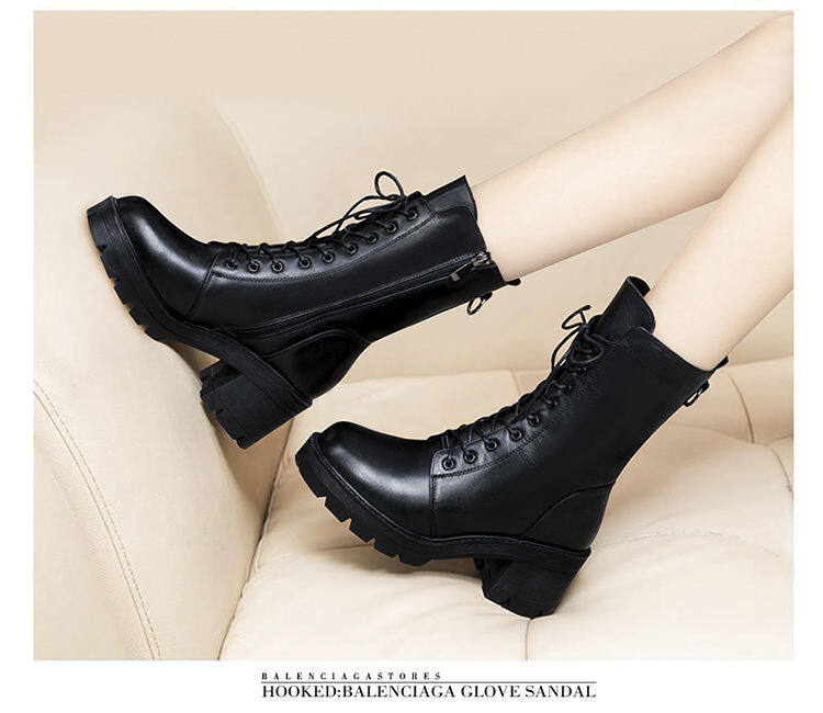 2020 new Martin boots women thick heel lace up mid-tube boots women flat bottom autumn and winter shoes mid thick heel non-slip military boots