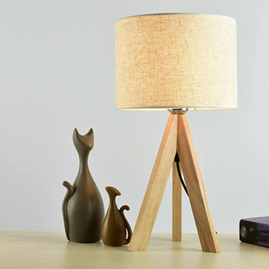 Fityle Cute Bedside Table Lamps Wooden Tripod Nightstand Lamp