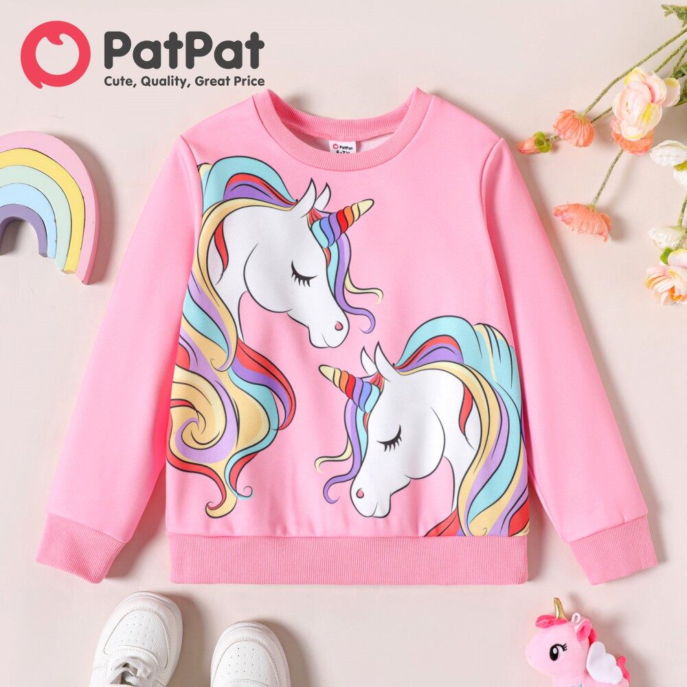 PatPat Kid Girl Unicorn Print Fleece Lined Pink Pullover Sweatshirt Tops