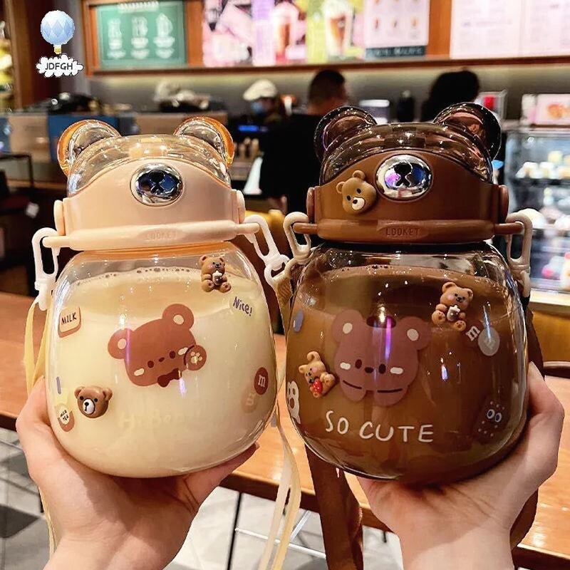 Gambar 2022 Drinking Bottle for Kids Water Bottle Korean Style Cute Without Straw High value Summer Hat Bear Girl Water Cup Large capacity Student Portable Drinking Water Plastic Cup Hand held Straw Cup