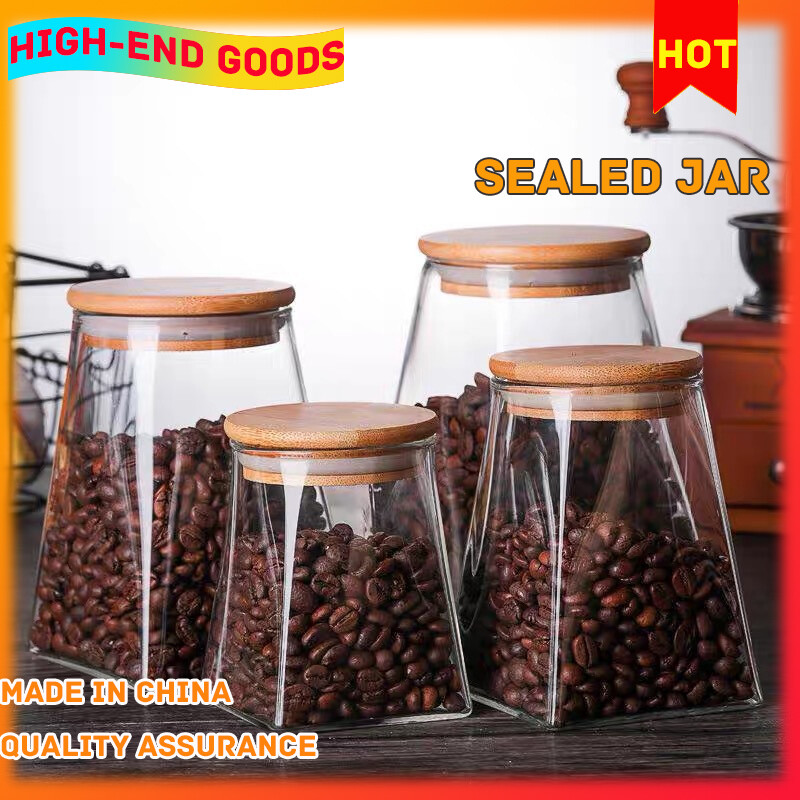 Gambar Bamboo Wood Cover Irregular Square Storage Jar Heat resistant Glass Sealed Jar Seasoning Jar Tea Jar Glass Bottle