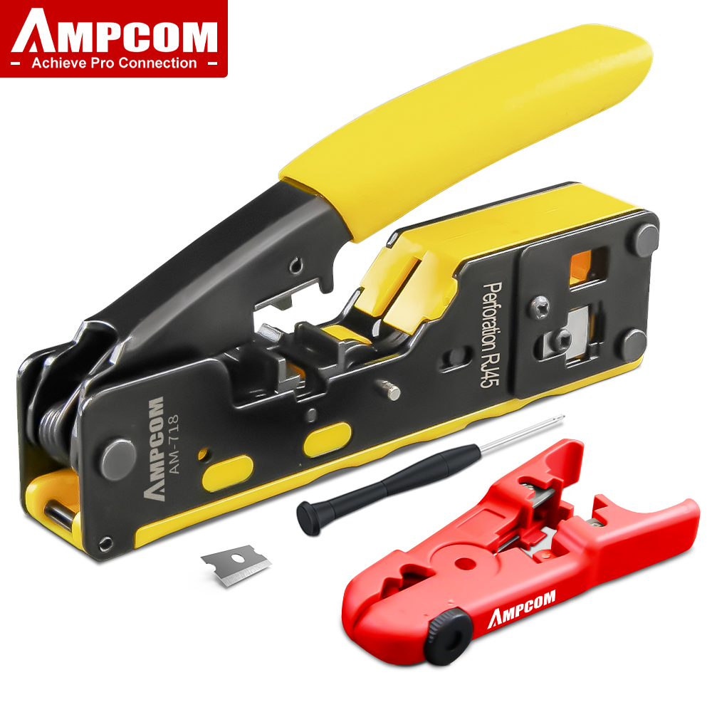 AMPCOM RJ45 RJ11 Pass Through Crimping Tool For CAT7/6A CAT6/5 Ethernet Modular Plugs Connectors With Stripper And Spare Blade ราคา 580 บาท*ส่งฟรี
