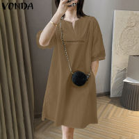 VONDA Womens Korean Style Dresses Hollowed Design V Neck Flore Edge Splicing Half-Puff Sleeve Loose A-Line Plain Mini Dress