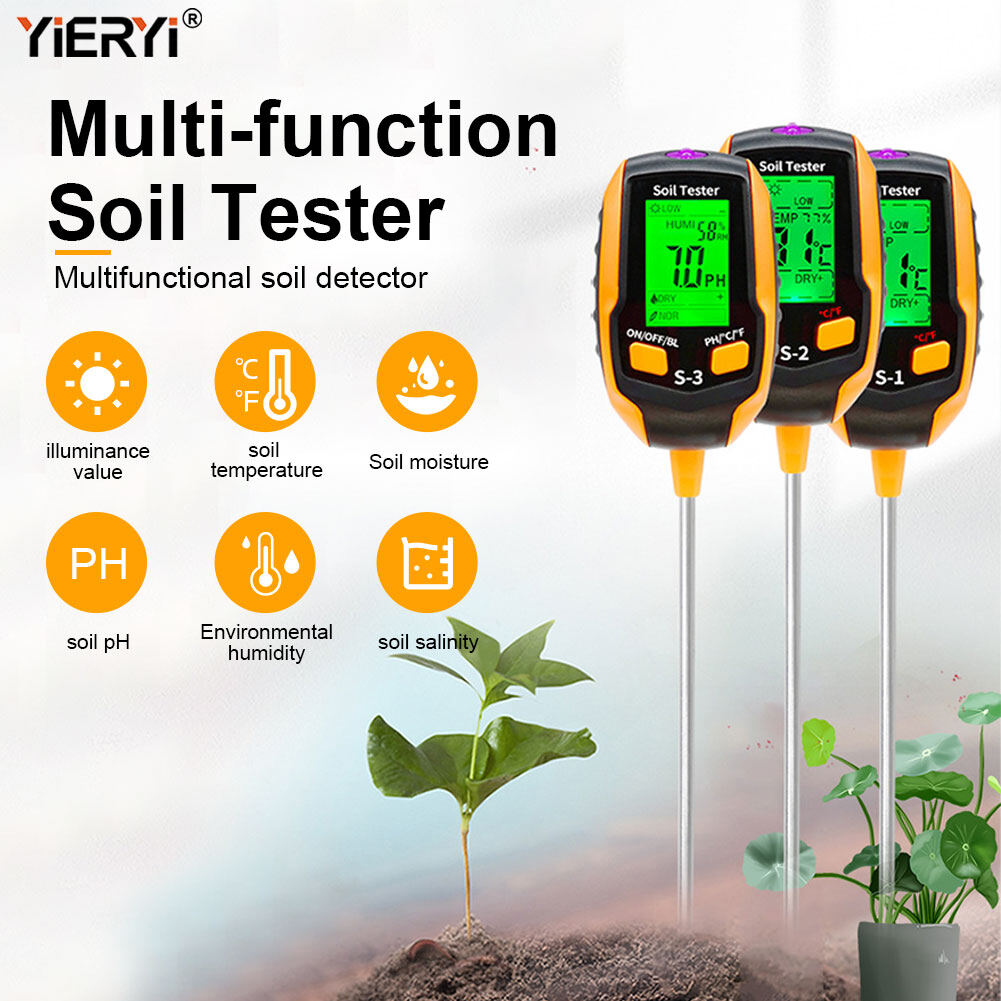 Yieryi Máy đo độ ẩm đất 6 trong 1, Máy kiểm tra độ mặn đất trồng cây đồng hồ đo độ pH kỹ thuật số độ ẩm/nhiệt độ/ánh sáng mặt trời/môi trường dụng cụ kiểm tra đất đèn nền Máy đo độ ẩm cho sân vườn, bãi cỏ, trang trại, trong nhà & Ngoài trời