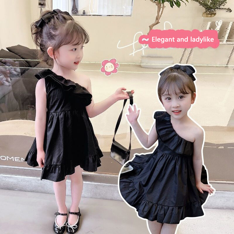 1-10Years Girls Sleeveless Off Shoulder Dress Solid Color Ruffle Princess