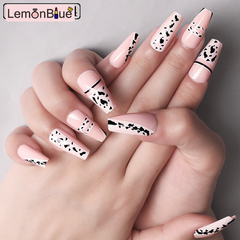 Gambar LemonBlue 24pc Cow Pattern Nail Patch Glue Type Removable Long Paragraph Fashion Manicure False Nail Patch