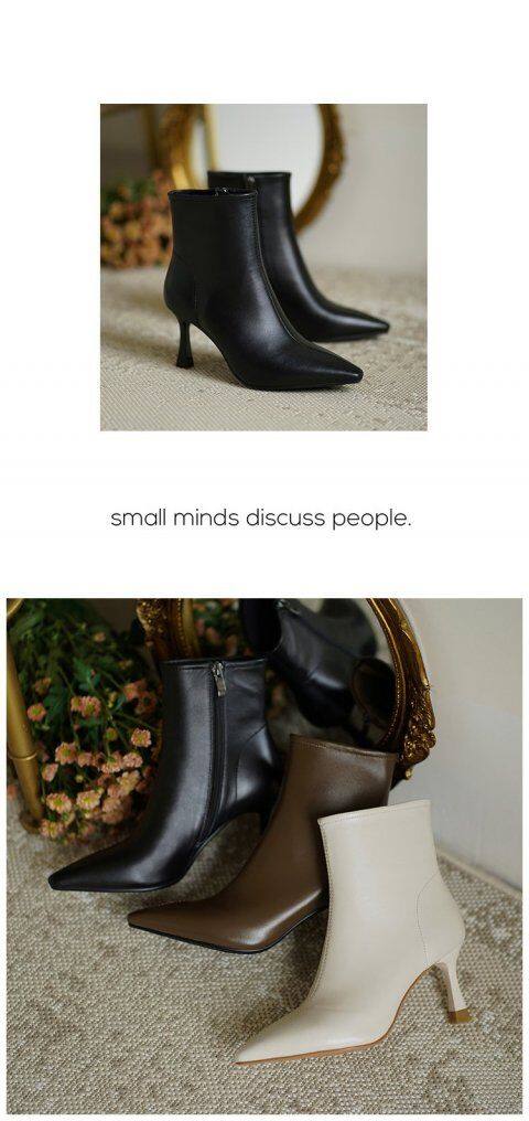 Brown high heels short boots female autumn and winter plus velvet genuine leather sheepskin soft leather small heel white pointed sheepskin stiletto heel skinny boots