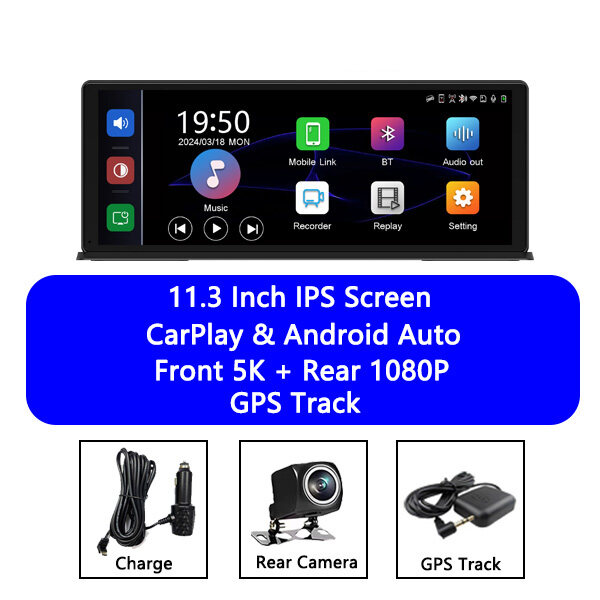 Ekleva 11.3 Inch DVR cho xe hơi 5K Dash Cam ống kính kép Không Dây Carplay & Android Video Tự động m