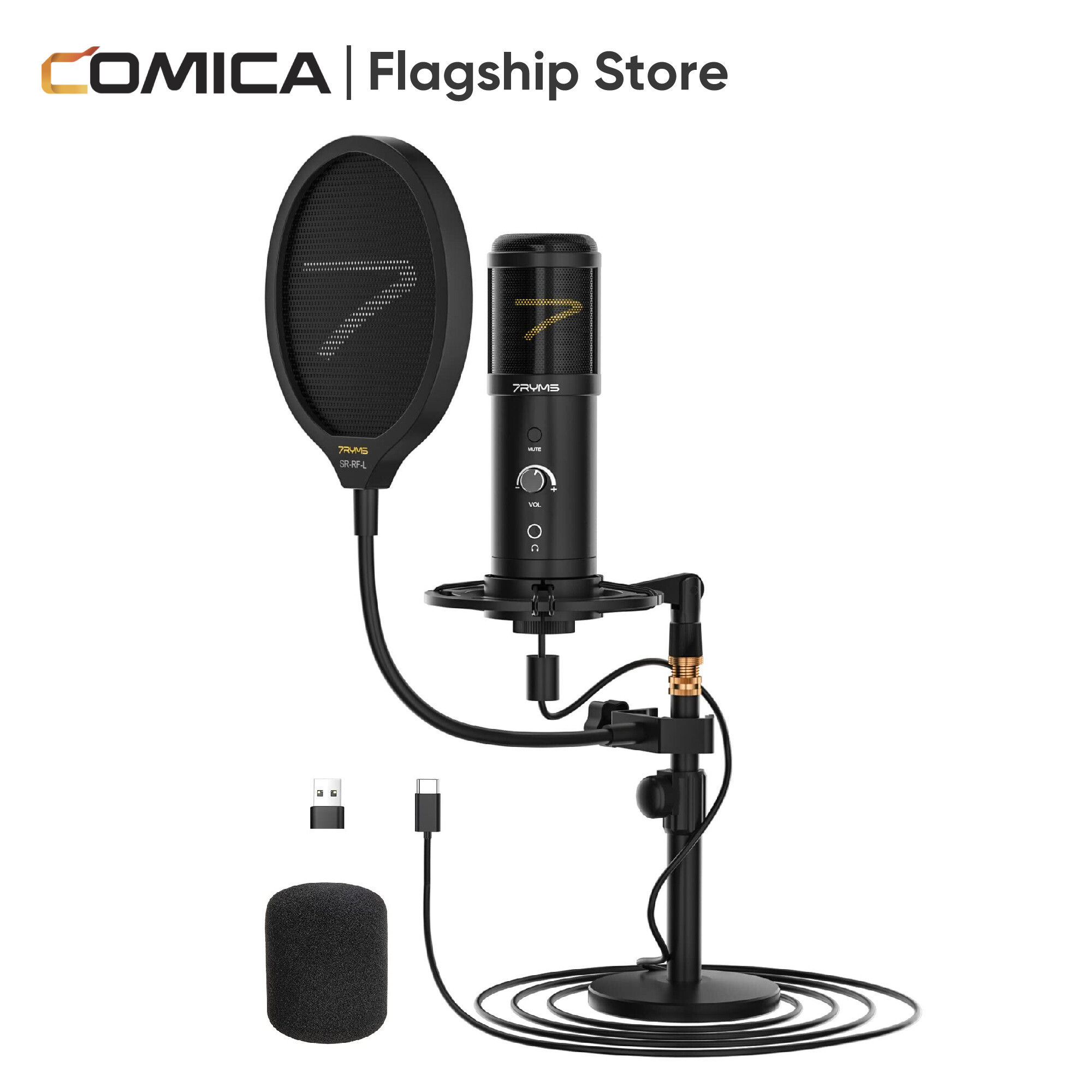 7RYMS Condenser USB Microphone SR-AU01-K2 Studio Microphone Kit with Desk Stand, Pop Filter and Real-time Monitor Gaming-Mic 192kHz/24bit Tape to Mute Microphone for PC for Streaming Podcast Recording ASMR, for Computer, Phone