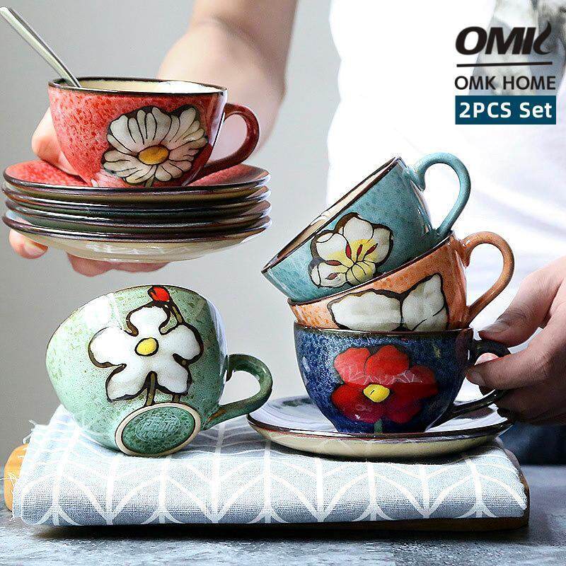OMK 2PCS set Japanese retro style Ceramic 250ML coffee cup and saucers set mug gift 拉花杯