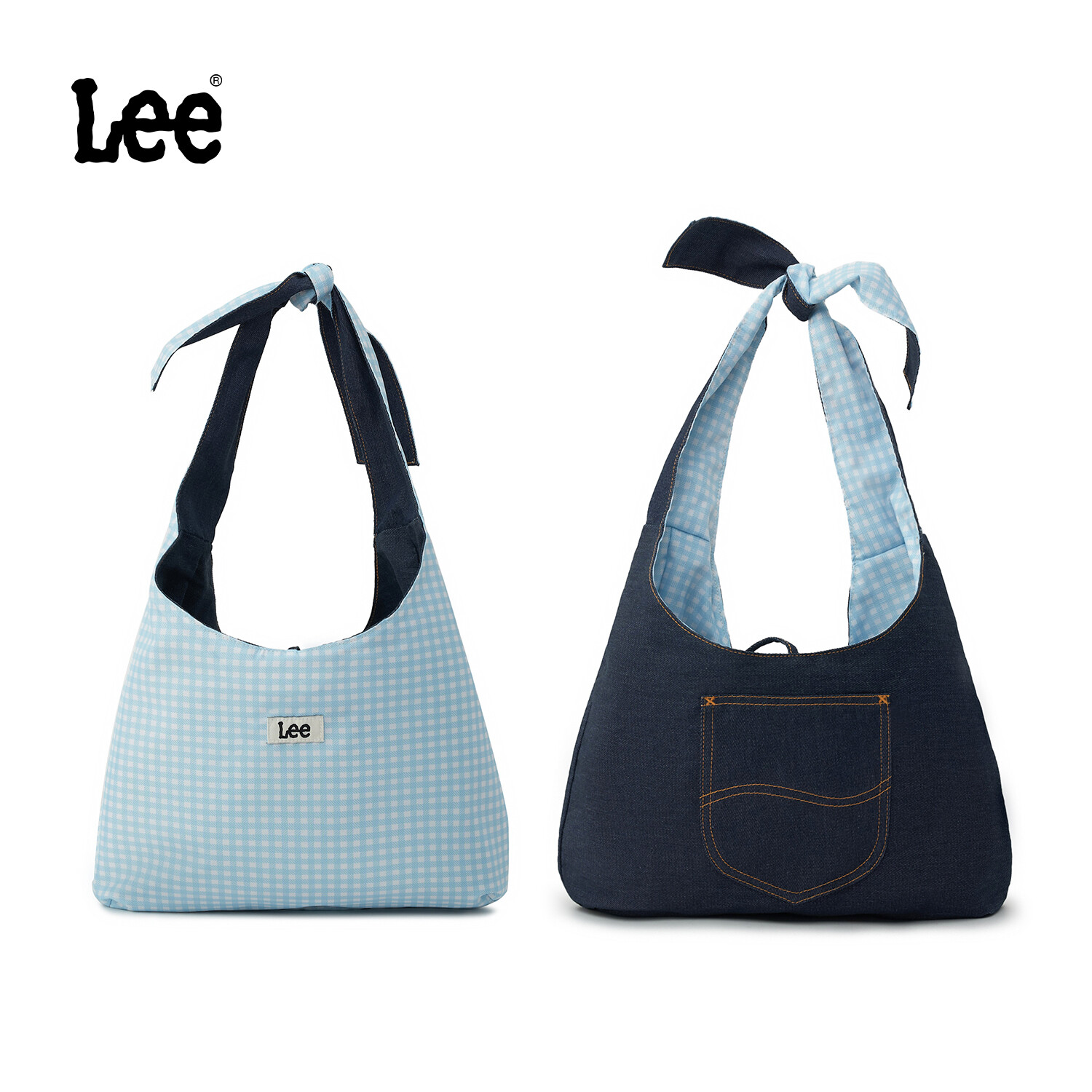  LEE 2 bên đảo ngược Nhật Bản Knot Túi denim màu xanh Trọng lượng nhẹ Túi tote cho phụ nữ 14 "máy tính xách tay túi đeo vai sức chứa lớn cho phụ nữ đi bộ dã ngoại ngoài trời 