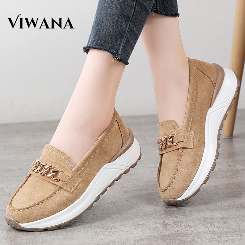 VIWANA Wedges Shoes For Women 2022 Genuine Leather Slip On 4.5cm Wedges
