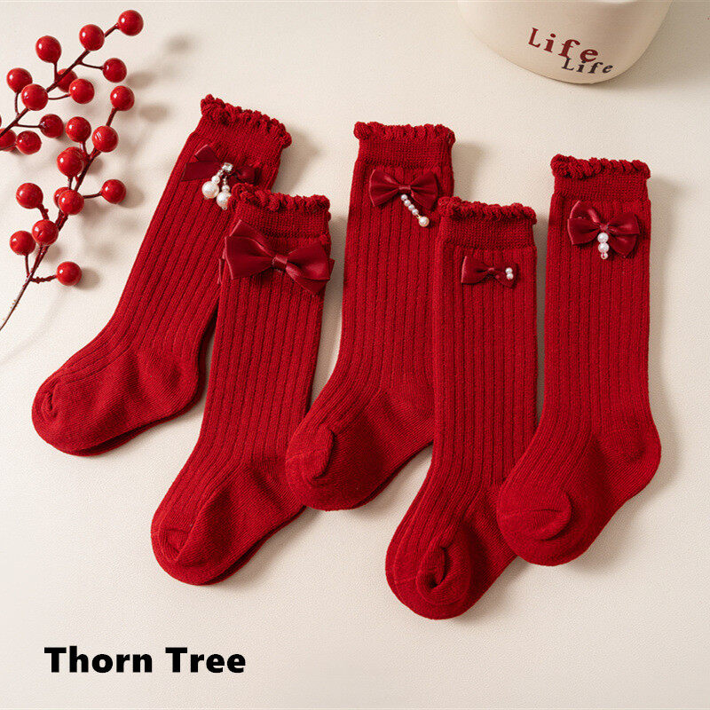 Thorn Tree Baby Girls Long Stockings Princess Solid Color Bowknot Socks