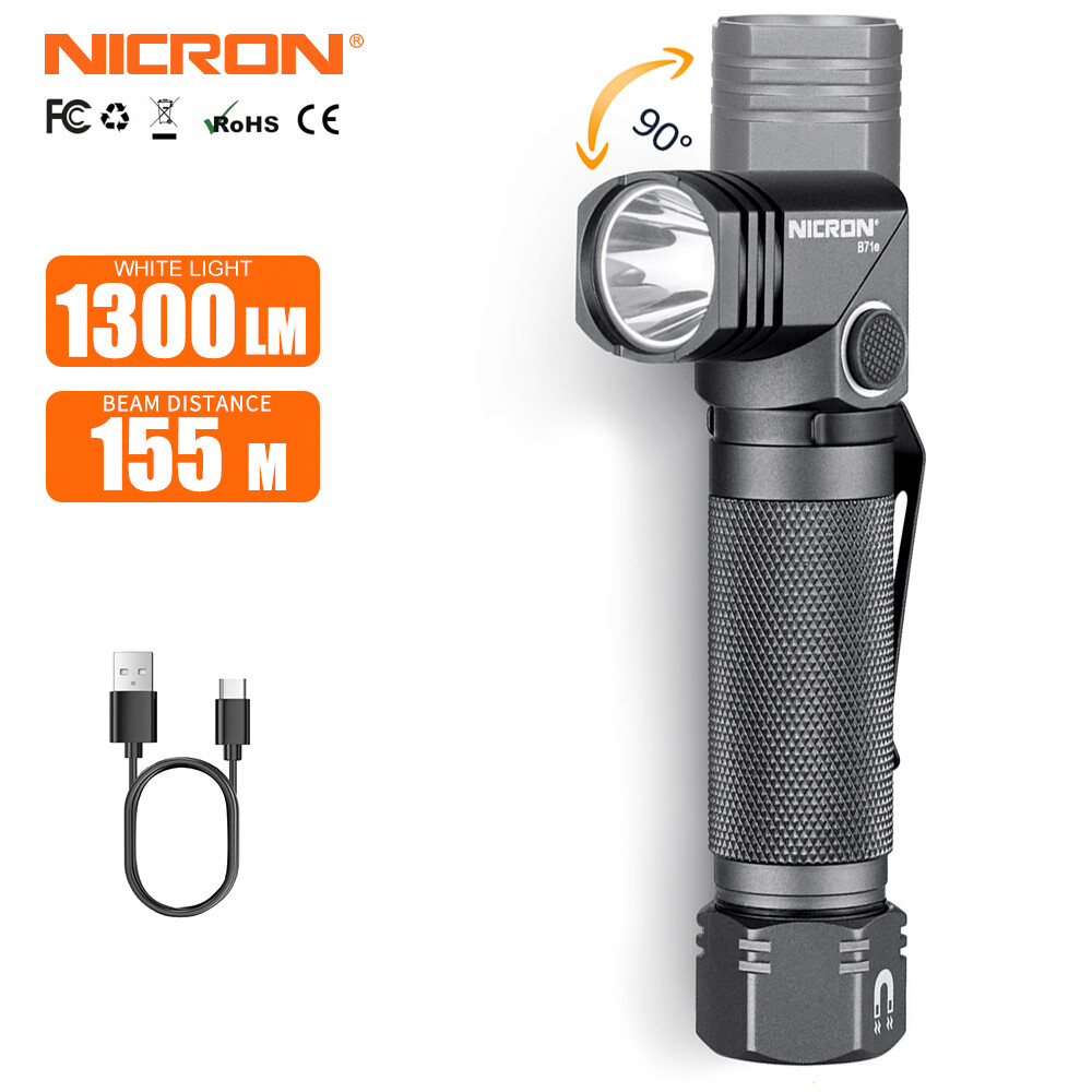 Nicron đèn pin led B71E/B71/N9, kẹp xoay xoắn 90 độ nhiên liệu kép rảnh tay 1300/1000 lumens ip65 ngoài trời loại không thấm nước có thể sạc lại 18650 đèn pin chùm dài 155m đèn pin led chiếu sáng trọng lượng nhẹ di động