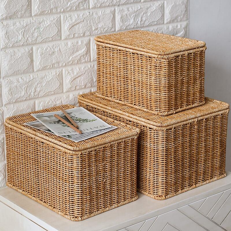 Gambar LORDWEY Hand Woven Rattan Storage Basket With Lid Large Hand Woven Wicker Storage Box Rectangular Household Rack Wardrobe Storage Box