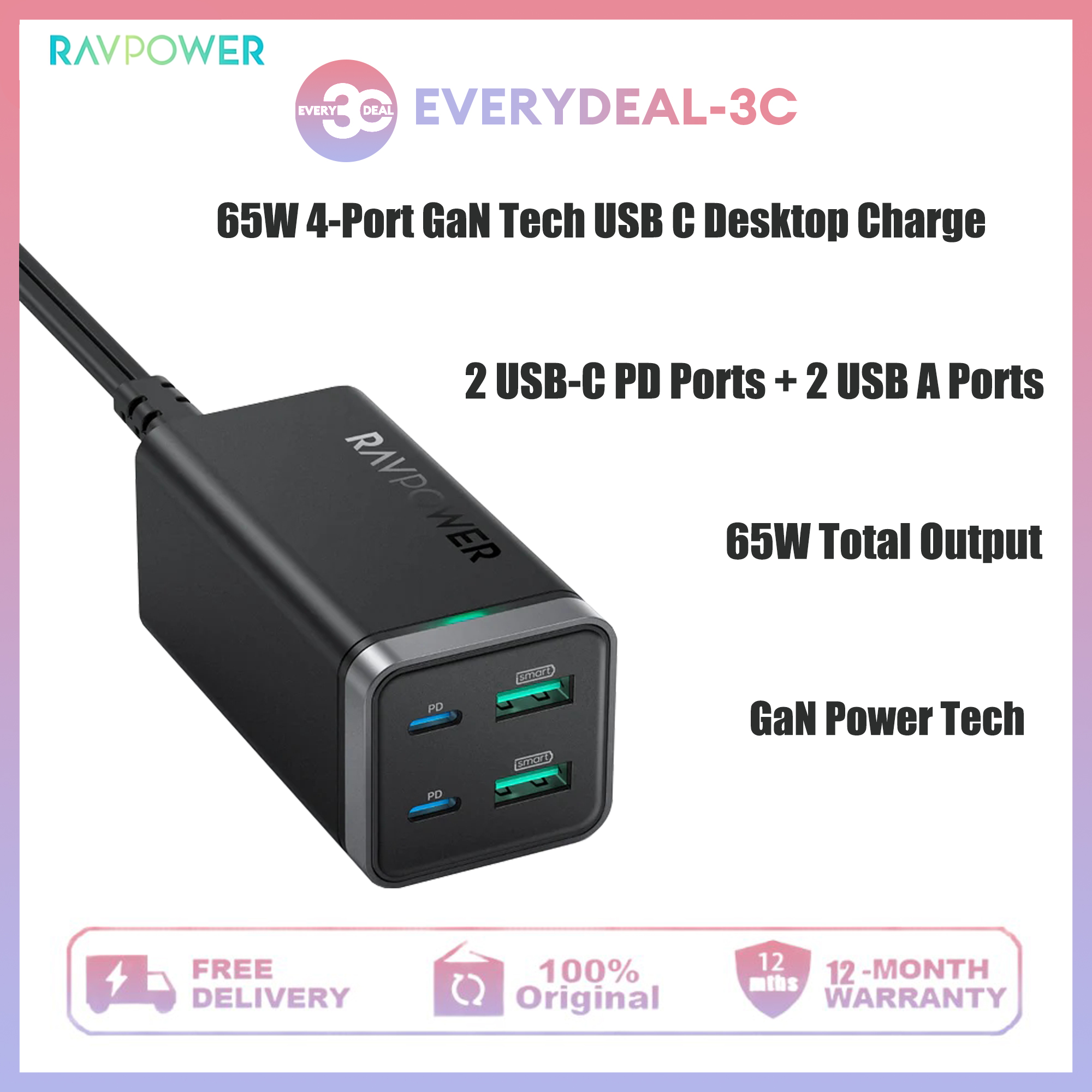 Ravpower pd tiên phong 65w 4 cổng usb c gan công nghệ tốc độ cao bộ sạc để bàn nhanh rp-pc136