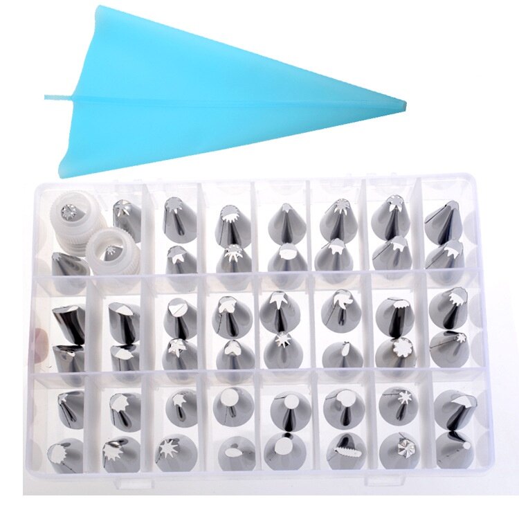 52pcs/Bộ Túi Silicone làm bánh Mẹo nhà bếp tự làm 48pcs đui bắt viền kem + 2Pcs chuyển đổi + Kem tái sử dụng túi đựng bánh ngọt công cụ trang trí bánh + hộp lưu trữ