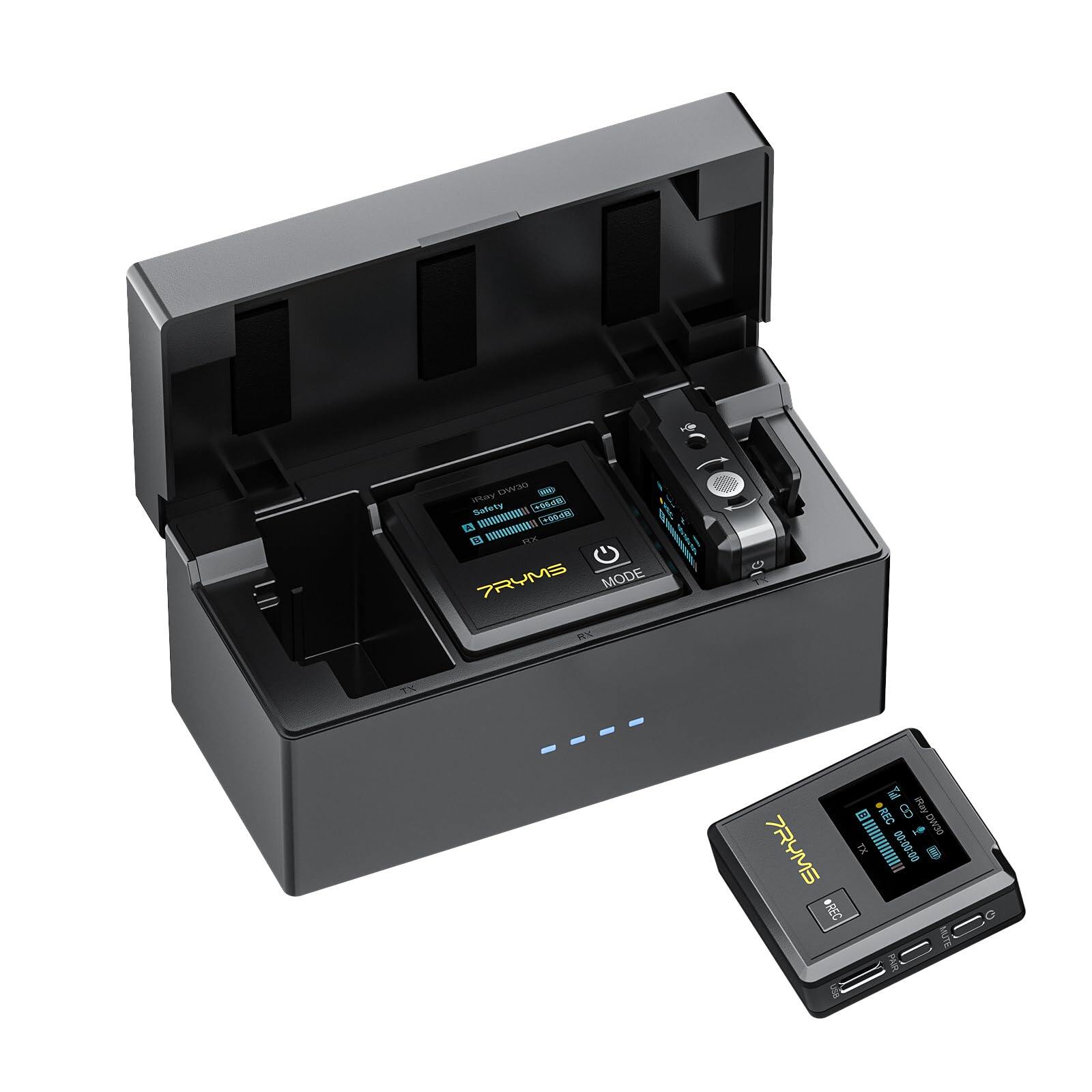 7ryms iray DW20 Hệ thống micro dây chuyền không dây 2.4G dual-channel nhỏ gọn LAV mic với màn hình L