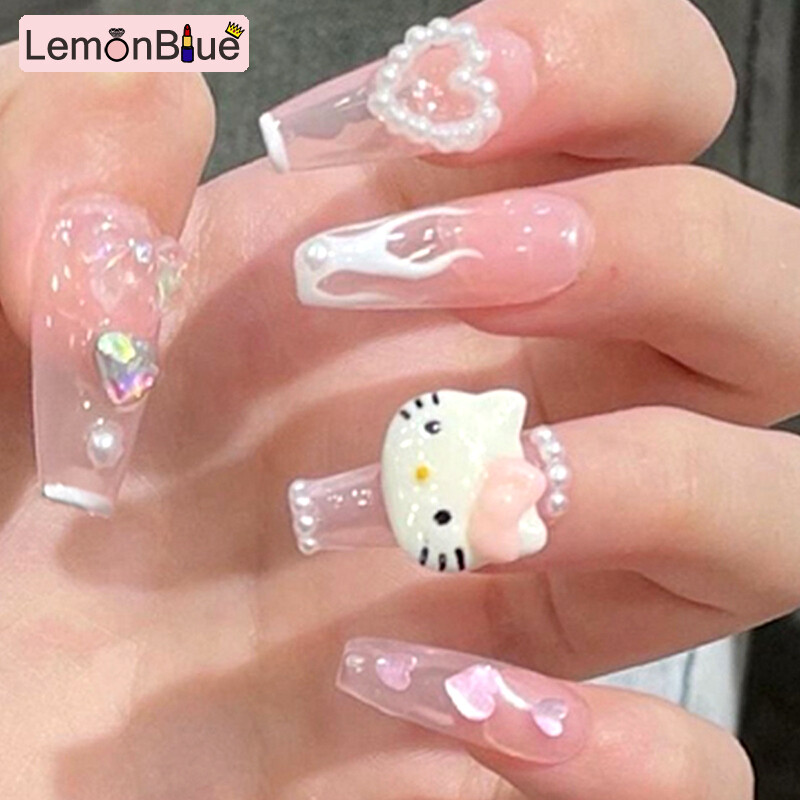 Gambar LemonBlue 24PCS Long Ballerina Coffin Fake Nail White Flame Print Press On Nails Full Coverage French Arts for Women   Girls