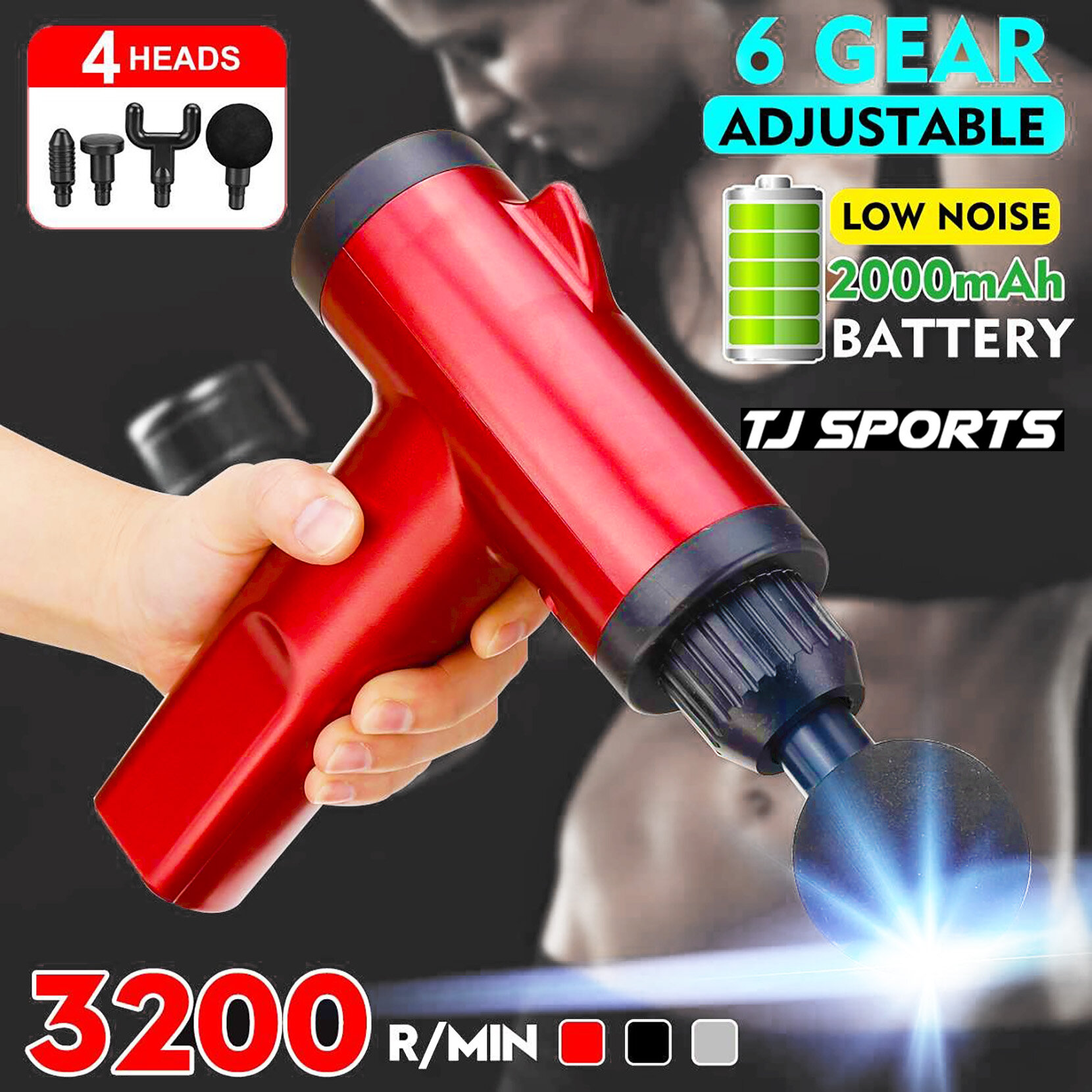 Gambar Professional Massage Gun Muscle Massager 4 Heads 6 Speeds Deep Tissue Body Foot Massage Machine Gym Fitness Pain Release Body Slimming Fascis Massage Gun TJ SPORTS