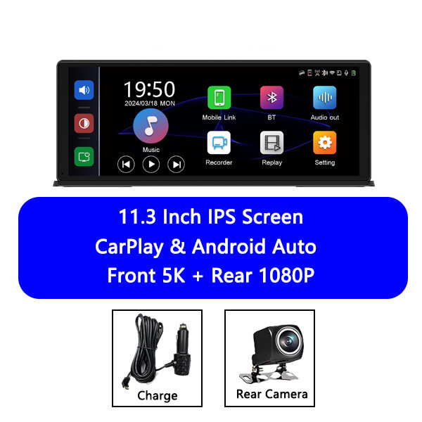 Ekleva 11.3 Inch DVR cho xe hơi 5K Dash Cam ống kính kép Không Dây Carplay & Android Video Tự động m