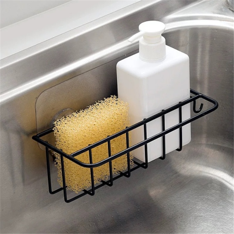 Gambar Self Adhesive Iron Sink Rag Racks Wall Mounted Sponge Drain Storage Shelves Racks Kitchen Sink Accessories Bathroom Organizer