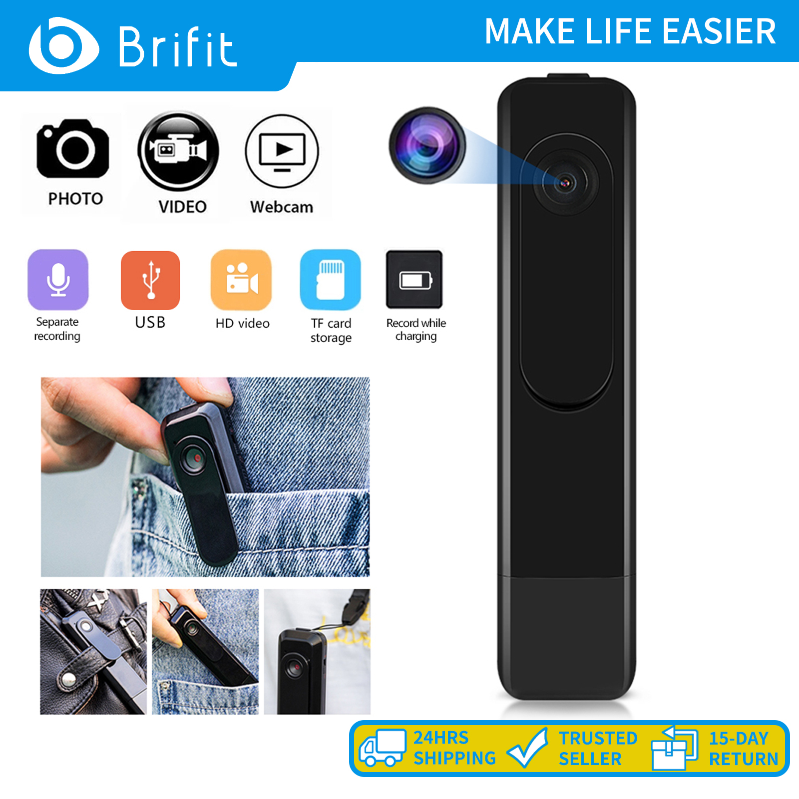 Brifit HD 1080P Portable Mini Camera USB Micro Video Recorder One-click Quick Recording Home/Office Police Law Enforcement Recorder 560mAh Rechargeable Battery Clip-on Body Recorder ราคา 448 บาท*ส่งฟรี