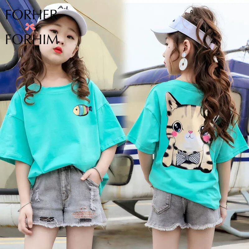 FORHER FORHIM 4-10 years old baby cotton white cartoon T-shirt Girls Bottoming Shirt Summer Short Sleeve New Korean Free Shipping FH0296 ราคา 180 บาท*ส่งฟรี