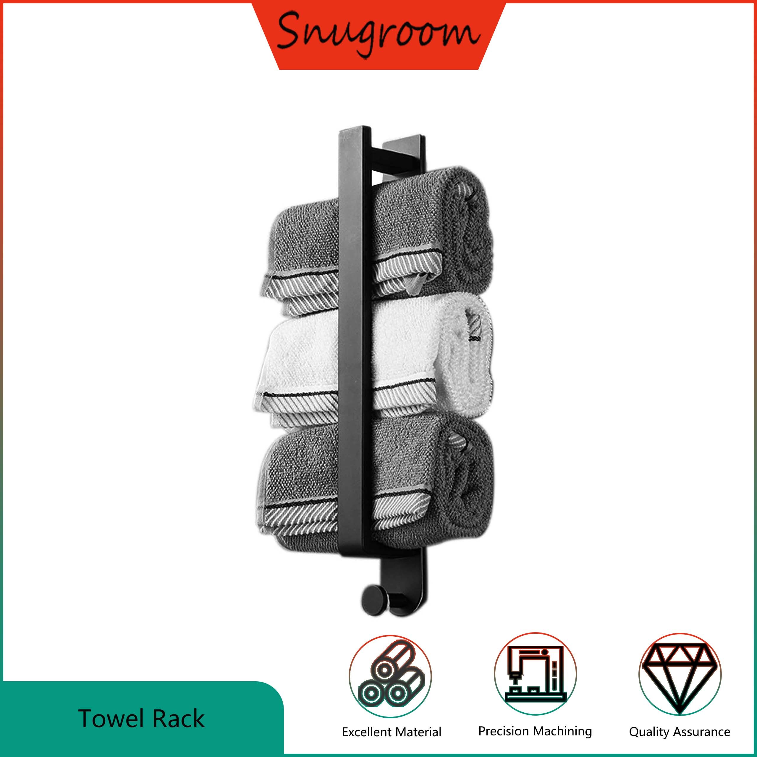 Snugroom Black 16 Inch Stainless Steel Bathroom Self-Adhesive Towel Bar With Hooks ราคา 438 บาท*ส่งฟรี