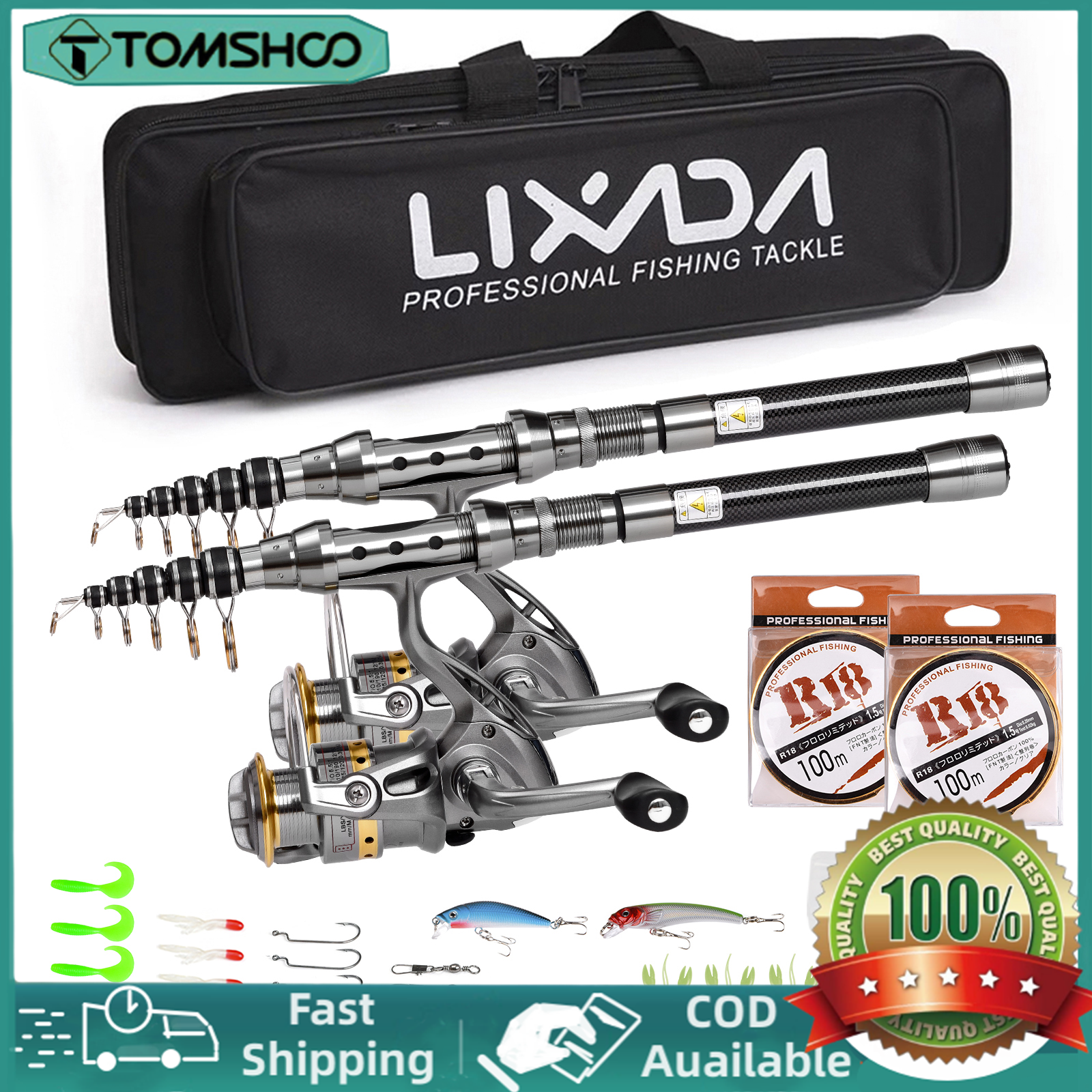 【COD / Genuine】TOMSHOO Brand - KUANGHU 27750-2A 2-Piece Lure Fishing Combo Set - 2.4m Rod + LE3000 Reel + R18 Line + Lure Bait Set - Style A - Double Rod Combination Giá 990,000 Đồng*Miễn phí vận chuyển