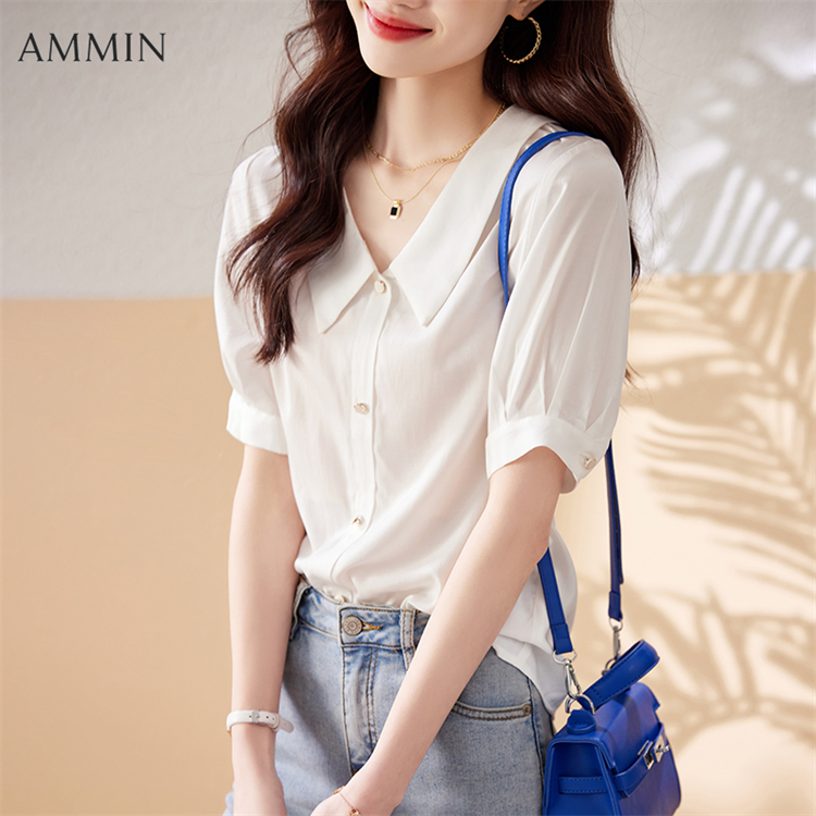 AMMIN Áo Sơ Mi Trắng Công Sở Đi Làm Thường Ngày Cá Tính Mới Búp Bê Thời Trang Cổ Bẻ Áo Voan Mùa Hè Cho Nữ Hàn Quốc
