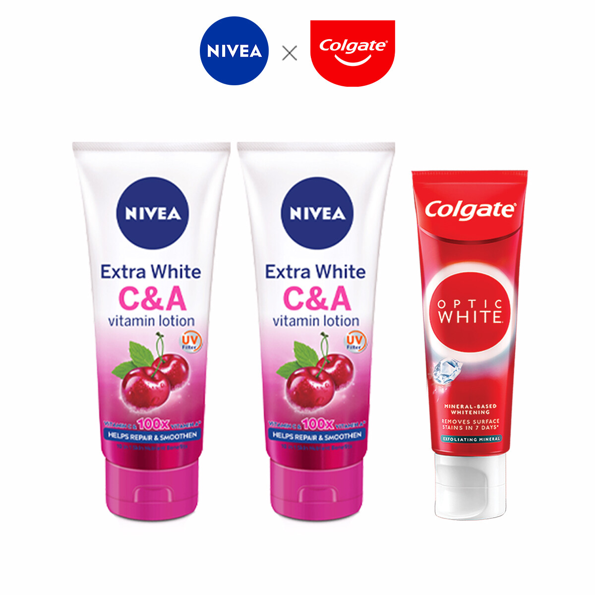 Gambar NIVEA Extra White C A Lotion 320ml x2 + Colgate Optic White Exfoliating Mineral 100g