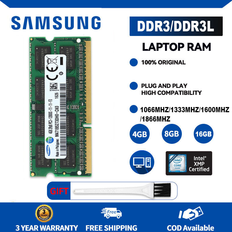 [Quà Tặng bàn chải] Samsung DDR3 RAM 4GB 8GB 16GB 2GB Bộ nhớ máy tính xách tay 1.5V 1066MHz 1333MHz 1600MHz 1866MHz SODIMM PC3-8500 10600 12800 14900 DDR3L 1.35V PC máy tính xách tay chơi game Bộ nhớ