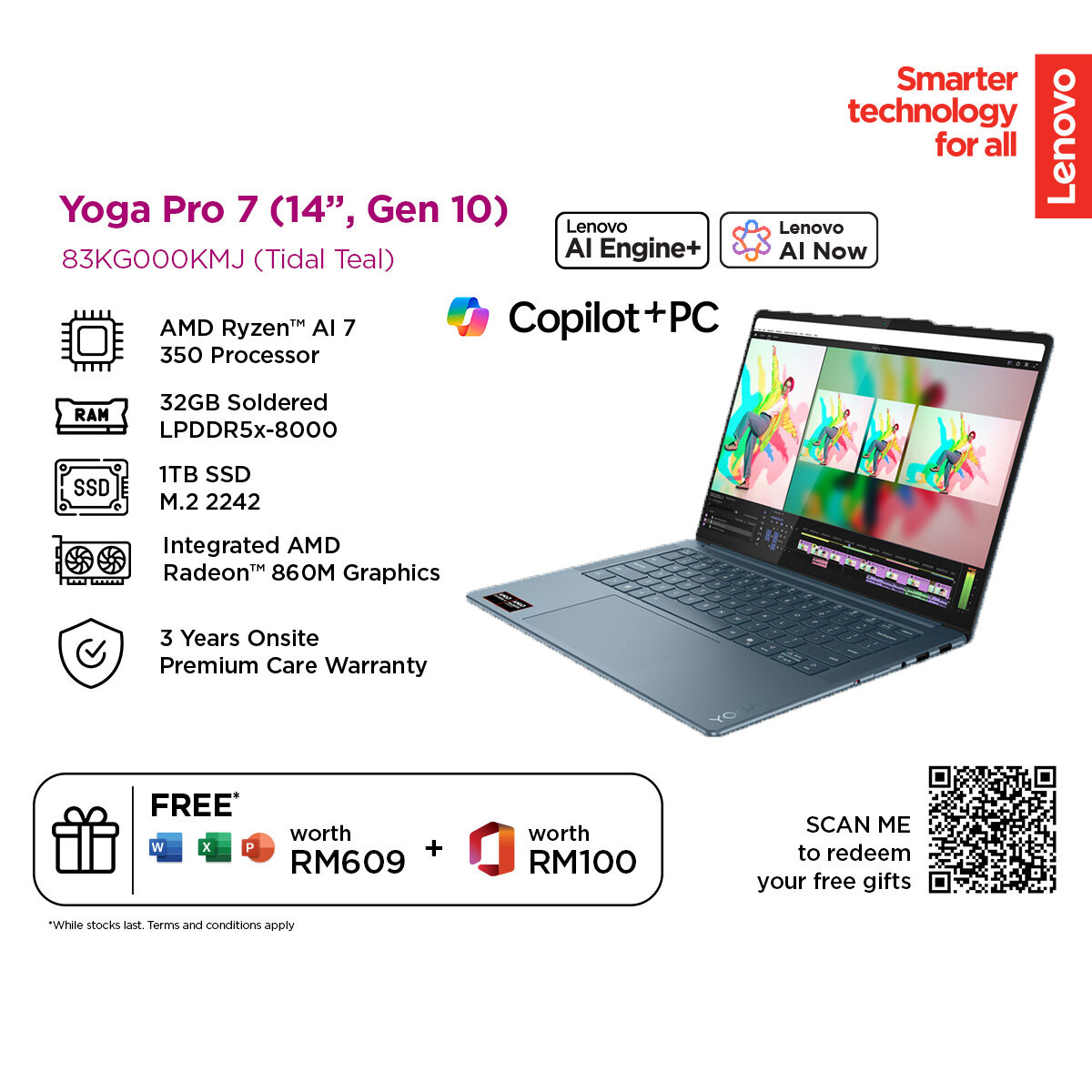Lenovo Yoga Pro 7 83KG000KMJ (Ryzen AI 7 350/32GB/1TB SSD/14.5" 3K (2944x1840)/AMD Radeon 860M/W11/3Y) Laptop