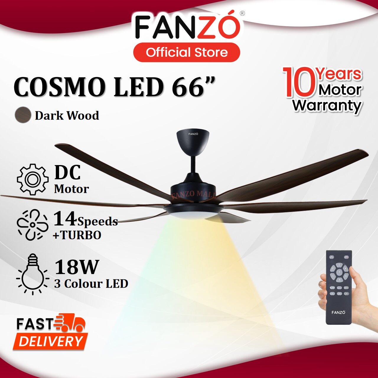 FANZÓ COSMO LED 6 Blades DC Motor Ceiling Fan With 3 Colour LED Light 14 Speeds + Turbo Remote Control - Dark Wood (66") - Jenama FANZÓ Harga 587 Ringgit*Penghantaran Percuma