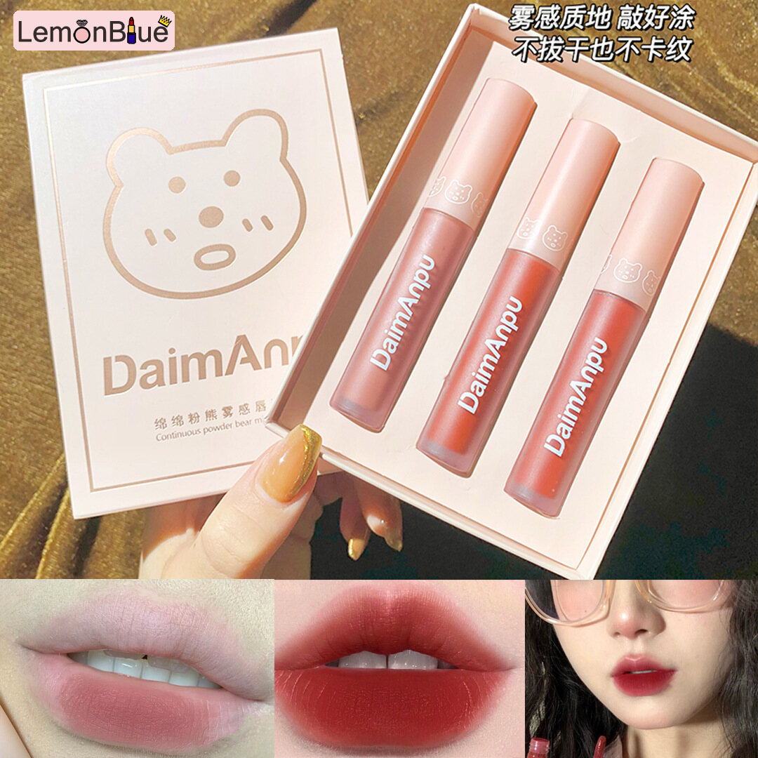Gambar LemonBlue [Gift Paragraph] Three Sticks Bear Continuous Powder Lip Glaze nai cha se Mirror Pudding Lipstick Female Students