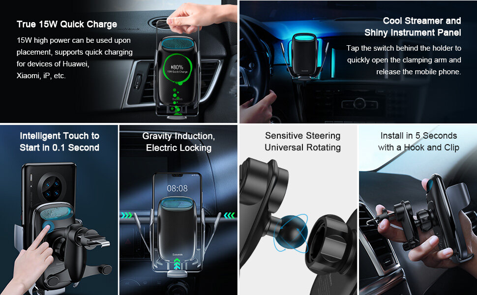 Bộ đế giữ điện thoại tích hợp sạc nhanh không dây dùng cho xe hơi Baseus  Milky Way Electric Bracket Wireless Charger 15W (Auto Smart Lock by Sensor,  Air Vent Car Mount) |