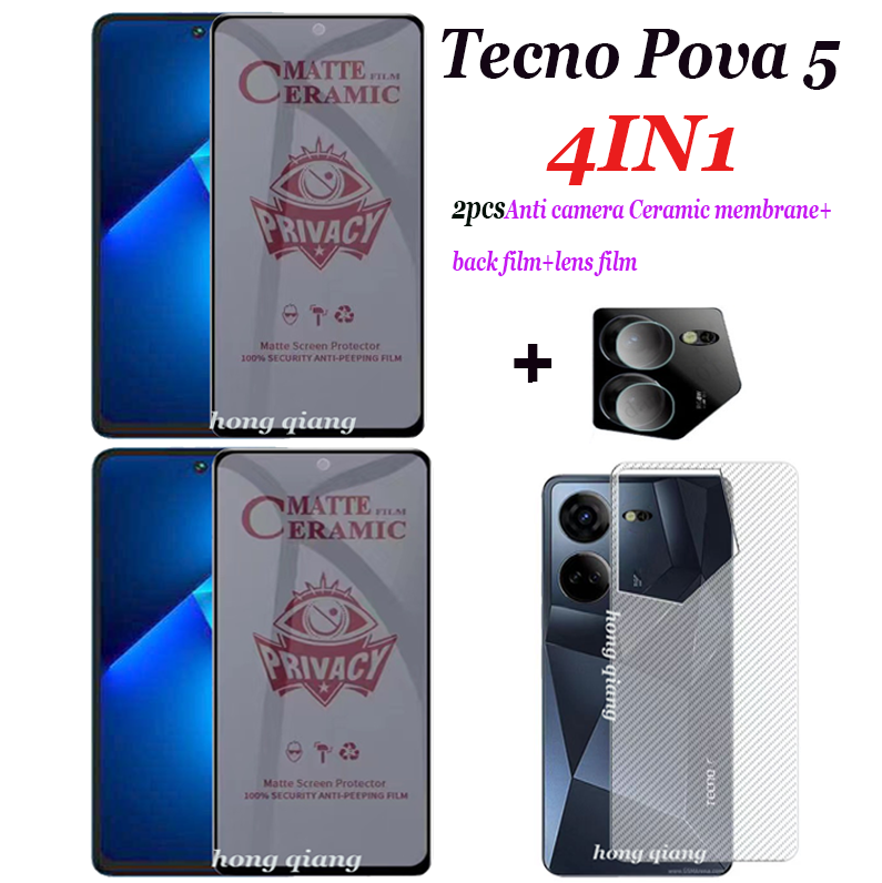 (4in1) cho TECNO pova 5 chống nhìn trộm miếng dán film thủy tinh cường lực TECNO pova 3 pova 4 pova 4 Pro pova 2 2 2 miếng kính cường lực toàn màn hình phim miếng bảo vệ màn hình + miếng phim dán sau sợi carbon