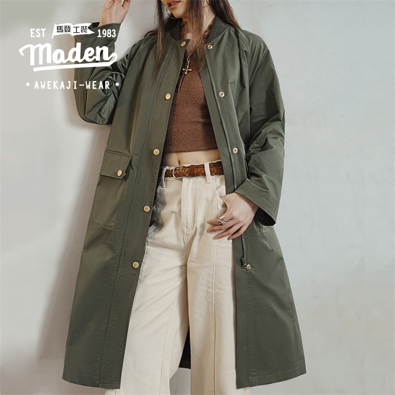 MADEN brand workwear style 2024 winter new women's youth tough guy retro olive green windbreaker medium long high-end coat loose flap pocket workwear jacket ราคา 4,897 บาท*ส่งฟรี