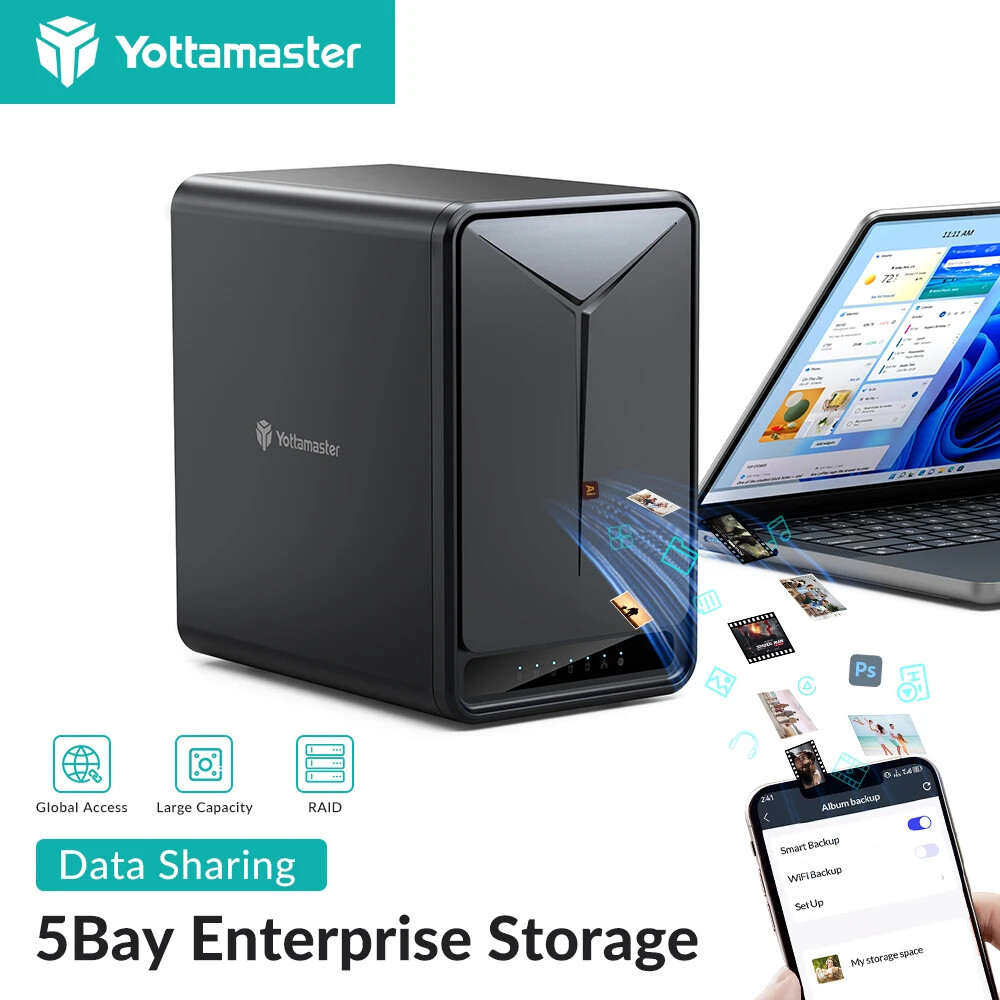 Yottamaster 5 Bay NAS Enterprise Storage Server Private Cloud Storage with Multi-account Usage Double Encryption 110TB Capacity for 2.5 3.5 Inch SATA HDD with Remote Access Auto Backup Intelligent Storage(Without Hard Drive) ราคา 13,236 บาท*ส่งฟรี